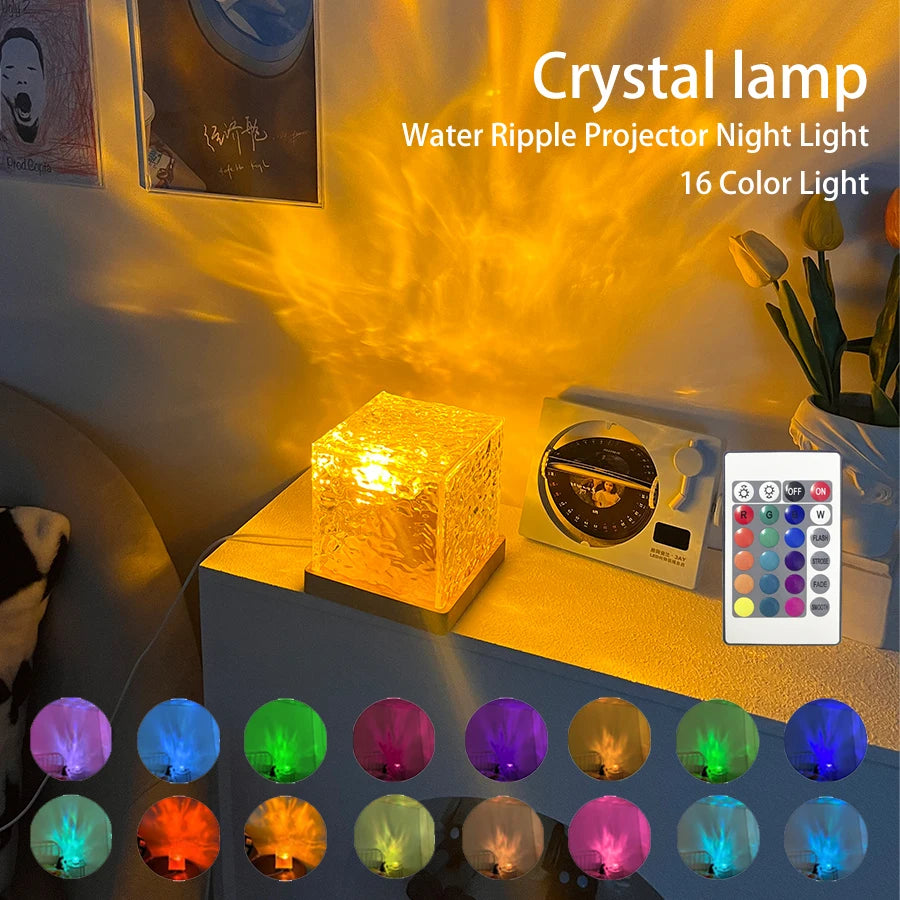 Dynamic Rotating Water Ripple Projector Night Light 3/16 Colors Flame Crystal Lamp for Living Room Study Bedroom Rotating Light - Orvis Collection