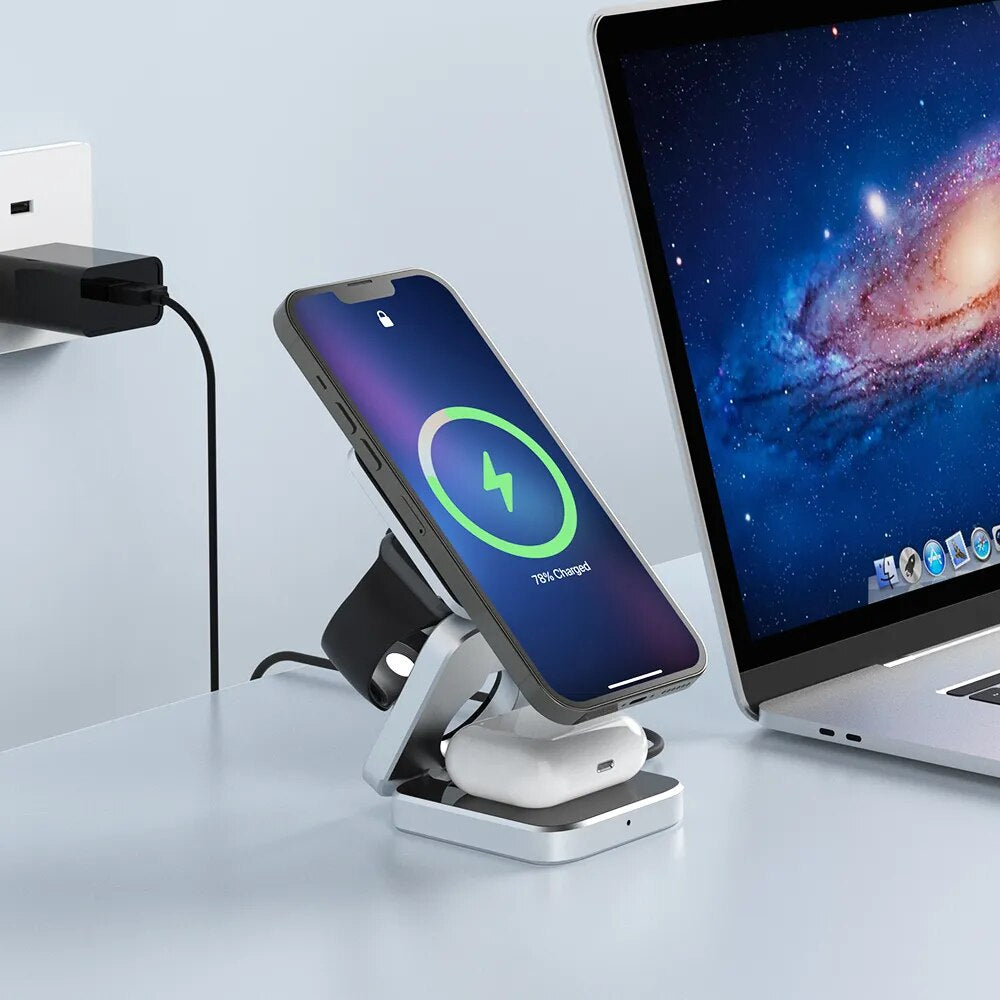 3 in 1 Foldable Magnetic Wireless Charger Stand for Iphone 15, 14, 13 Pro/Max/Plus, Airpods 3/2 Station Dock Fast Charger Holder - Orvis Collection