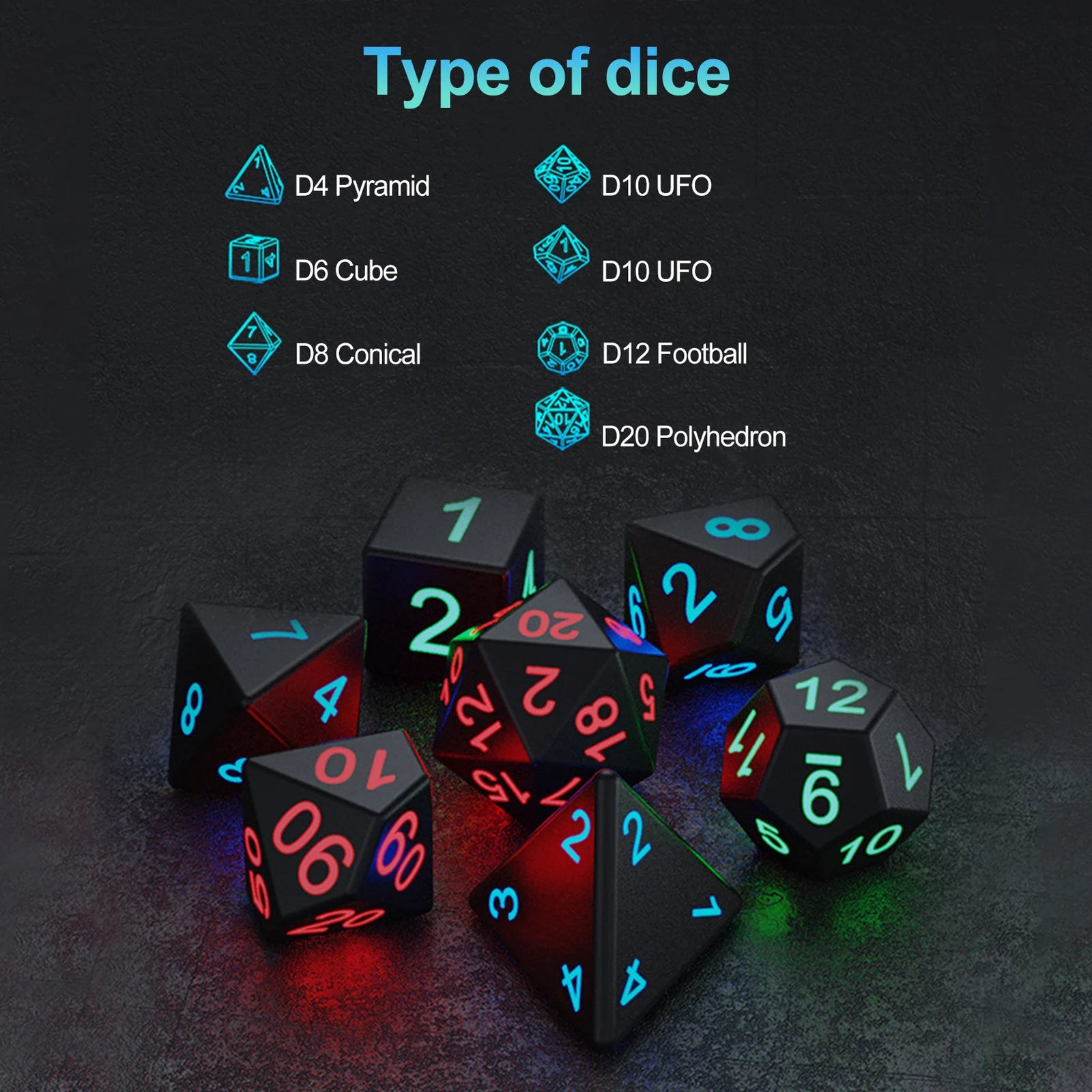 7Pcs/Set Electronic Dice USB Rechargeable Luminous Dice Glow in the Dark DND Dices RPG Polyhedral Dice RPG D4 D6 D8 D10 D12 D20 - Orvis Collection