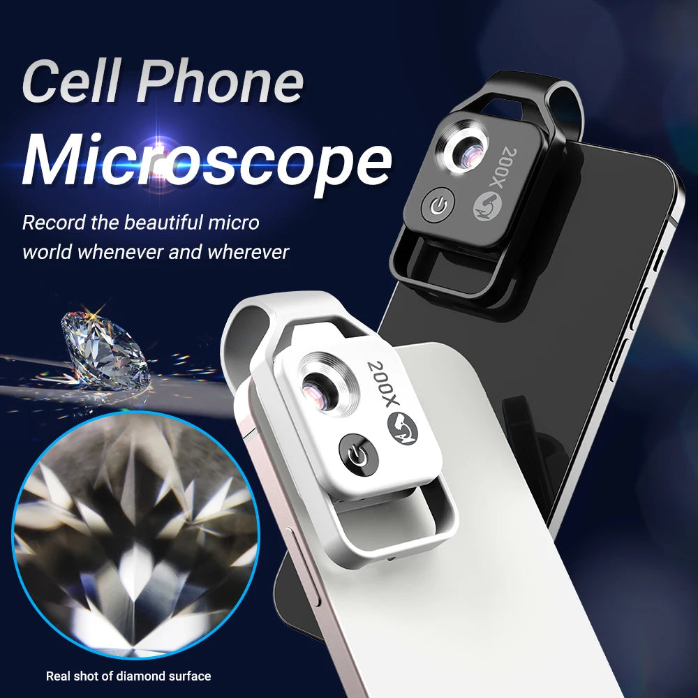 Digital 200X Microscope Lens with CPL Mobile LED Guide Light Lamp Micro Pocket Supermacro Lens for Iphone Phones - Orvis Collection