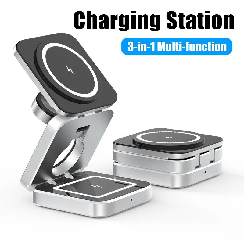 3 in 1 Foldable Magnetic Wireless Charger Stand for Iphone 15, 14, 13 Pro/Max/Plus, Airpods 3/2 Station Dock Fast Charger Holder - Orvis Collection