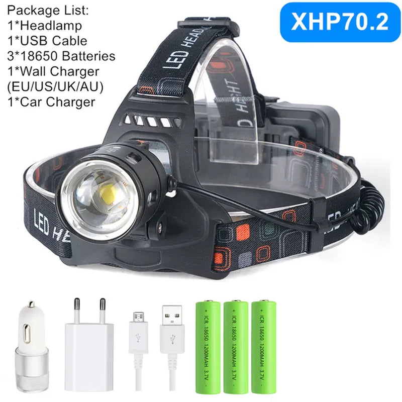 Powerful XHP70.2 XHP50.2 Led Headlamp Headlight Zoom Head Lamp Flashlight Torch 18650 Battery USB Rechargeable Fishing Lantern - Orvis Collection