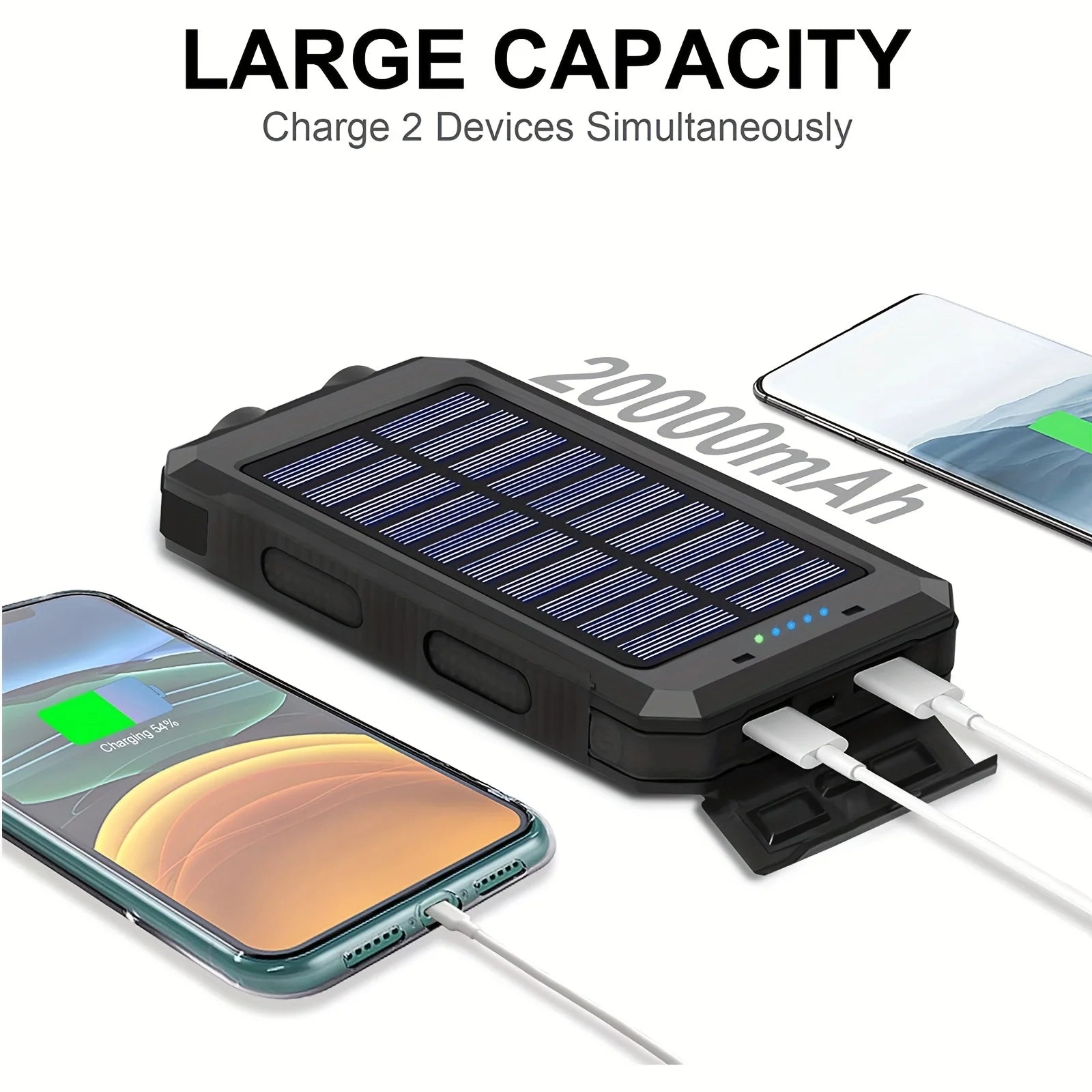 Solar Charger Power Bank 20000Mah Portable External Battery Pack 5V Fast Chargingsuper Bright Flashlight Panel Charging - Orvis Collection