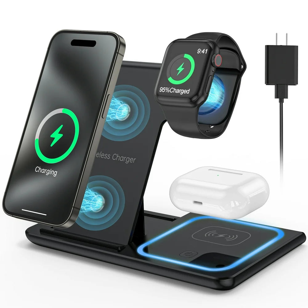 3 in 1 Wireless Charger, 18W Fast Charger Pad Stand Charging Station Dock for Iwatch Series SE 8/7/6/5/4/3 Airpods Pro/3/2 for Iphone 15/14/13/12 /11/Pro Max/12 Pro /XR (With QC3.0 Adapter) - Orvis Collection