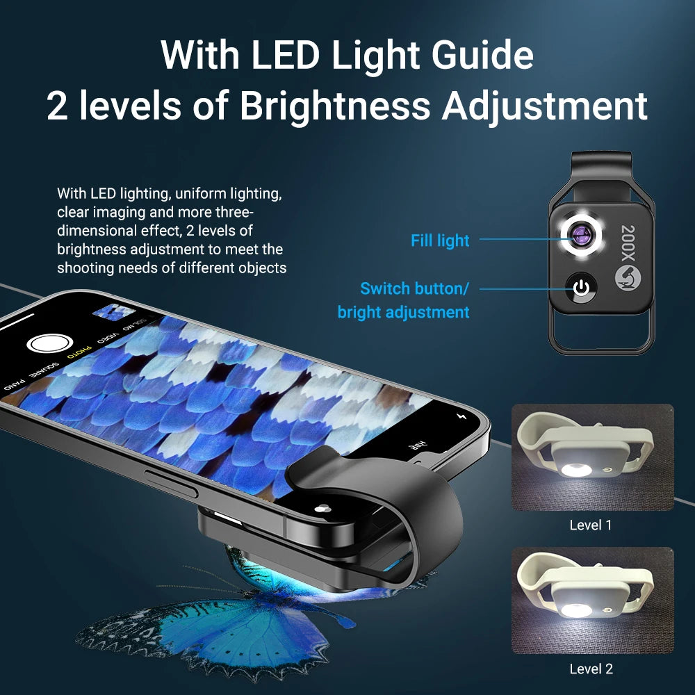 Digital 200X Microscope Lens with CPL Mobile LED Guide Light Lamp Micro Pocket Supermacro Lens for Iphone Phones - Orvis Collection
