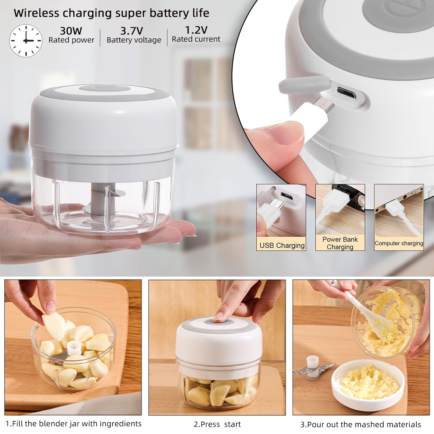 Electric Kitchen Food Chopper Mini Garlic Masher Crusher USB Portable Meat Grinder Vegetable Chopper for Kitchen Gadgets - Orvis Collection